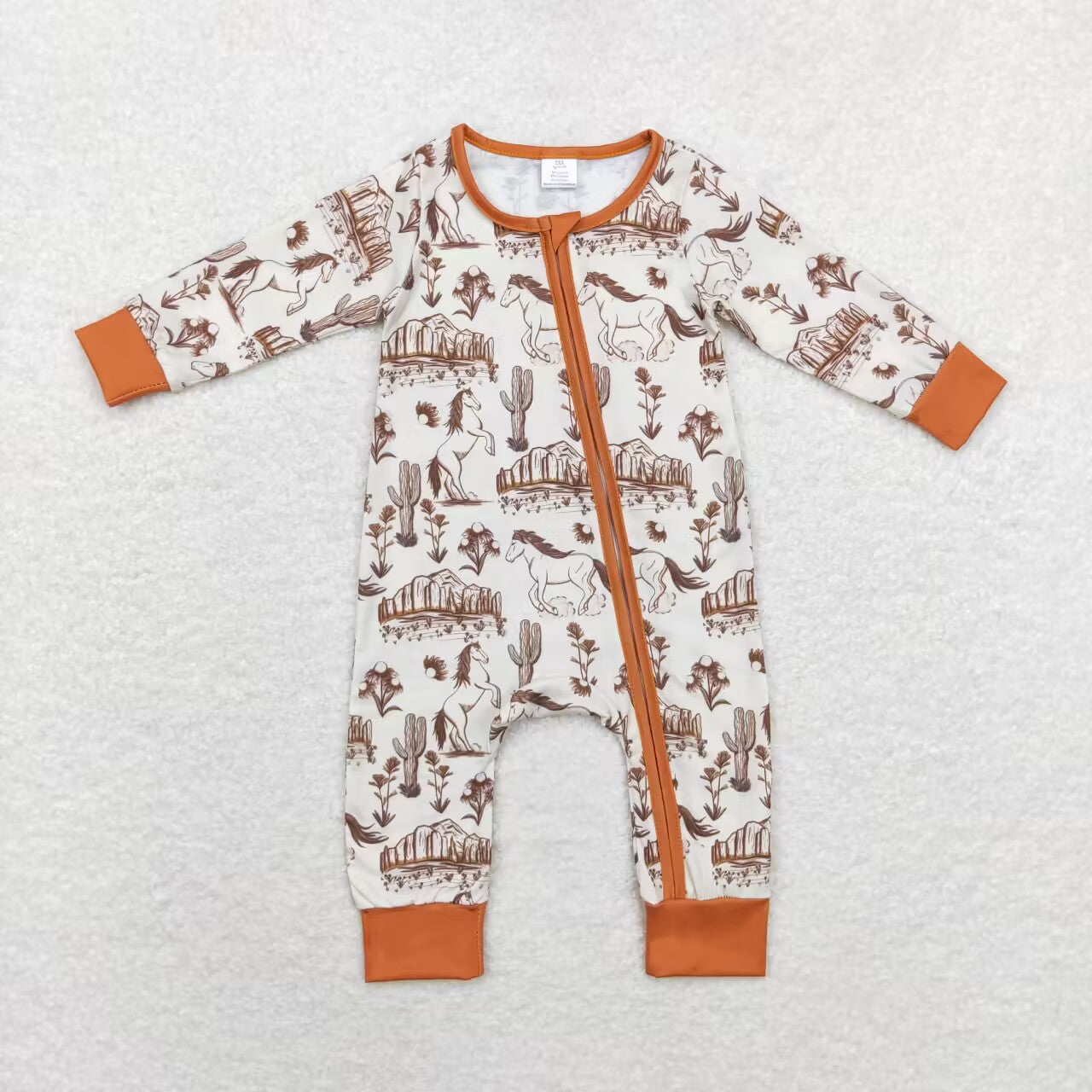 LR1164 Horse Print Baby Fall Western Bamboo Sleeper Zipper Romper