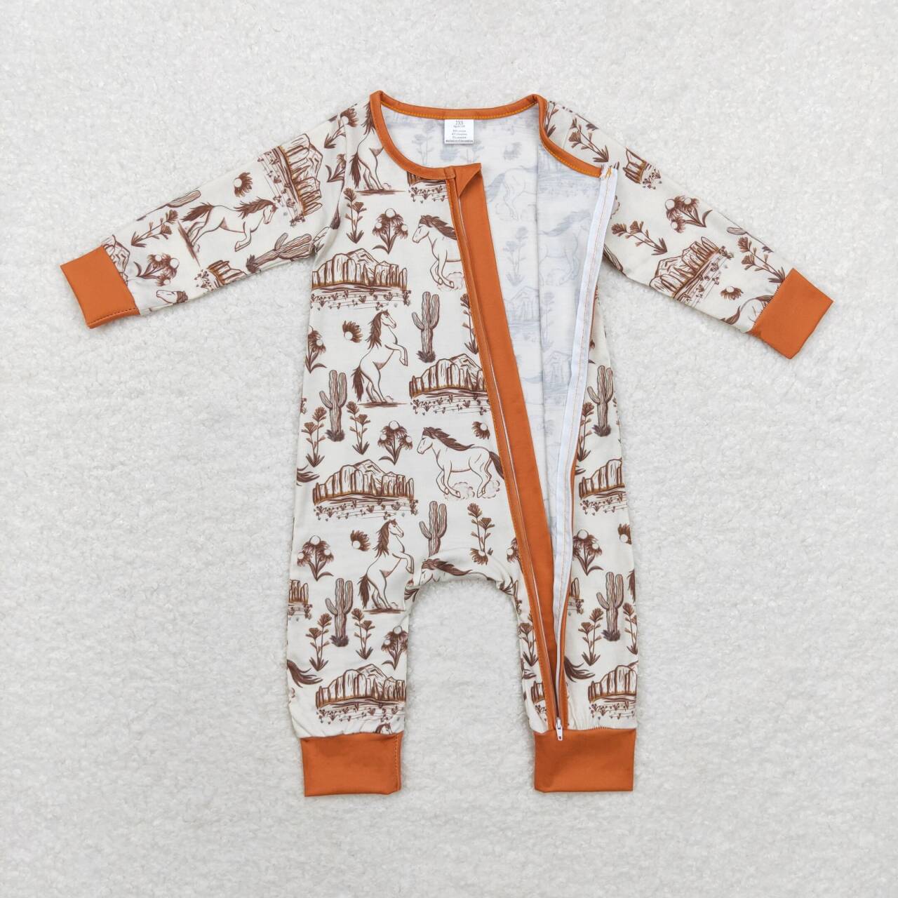 LR1164 Horse Print Baby Fall Western Bamboo Sleeper Zipper Romper