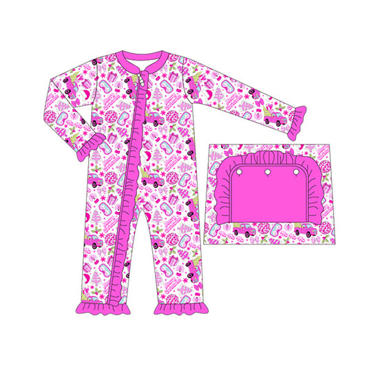 (Pre-order)LR1169 Merry Christmas Hotpink Print Baby Girls Sleeper Zipper Romper