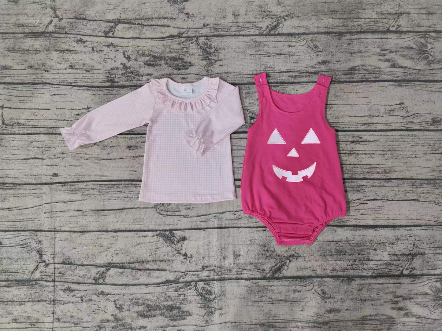 (Pre-order)LR1171 Pink Plaid Top Halloween Ghost Face Romper Baby Girls 2 Pieces Halloween Clothes Set