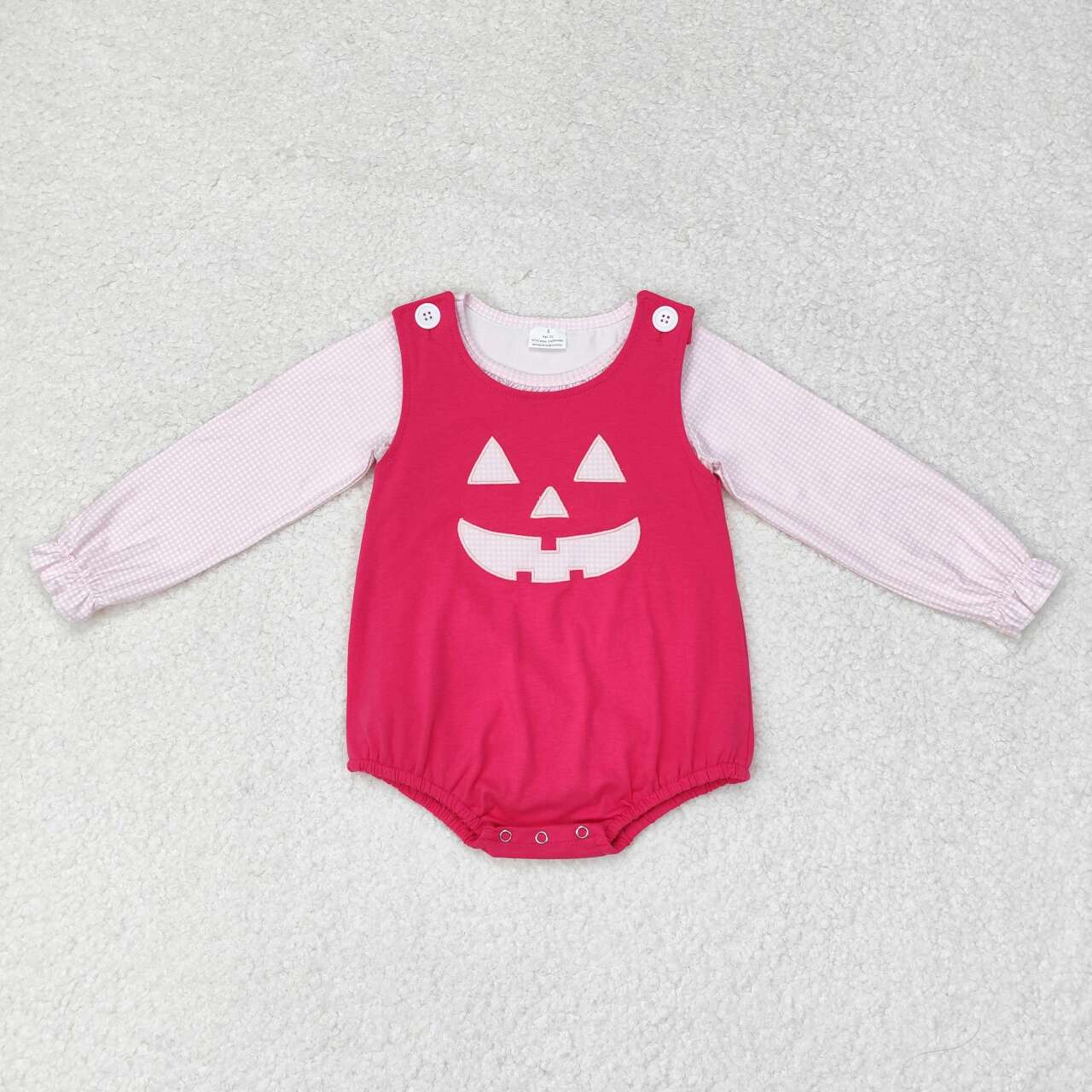 LR1171 Pink Plaid Top Halloween Ghost Face Embroidery Romper Baby Girls 2 Pieces Halloween Clothes Set