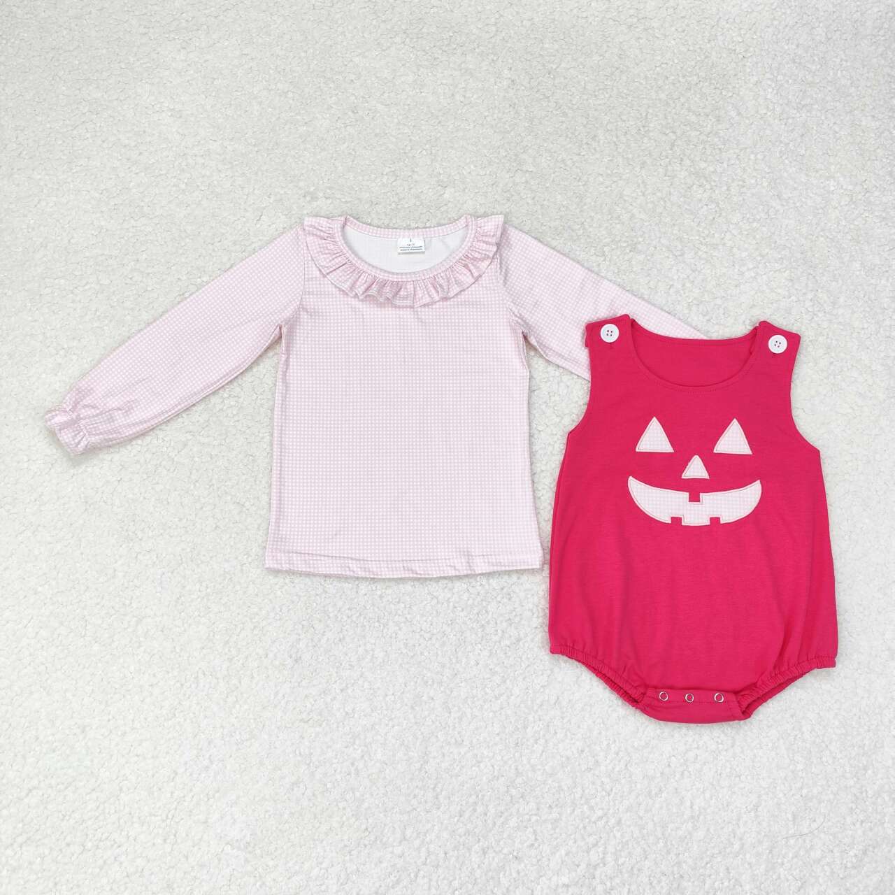 LR1171 Pink Plaid Top Halloween Ghost Face Embroidery Romper Baby Girls 2 Pieces Halloween Clothes Set