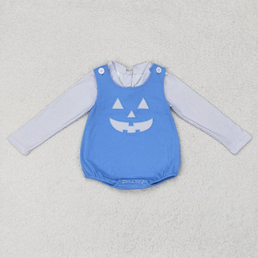 LR1172 Plaid Top Ghost Face Embroidery Blue Romper Baby Boys 2 Pieces Halloween Clothes Set