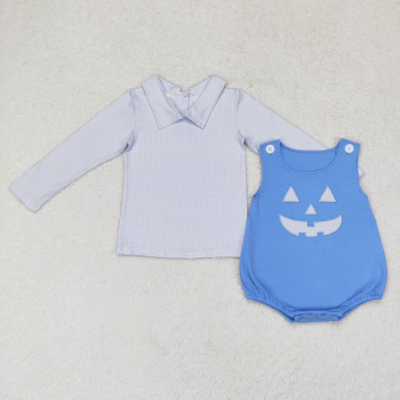 LR1172 Plaid Top Ghost Face Embroidery Blue Romper Baby Boys 2 Pieces Halloween Clothes Set