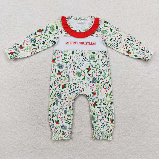 LR1176 Merry Christmas Embroidery Holly Print Baby Girls Romper