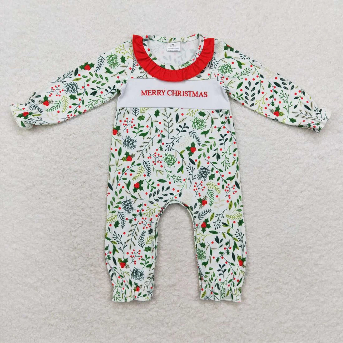 Merry Christmas Embroidery Holly Print Sister Matching Clothes