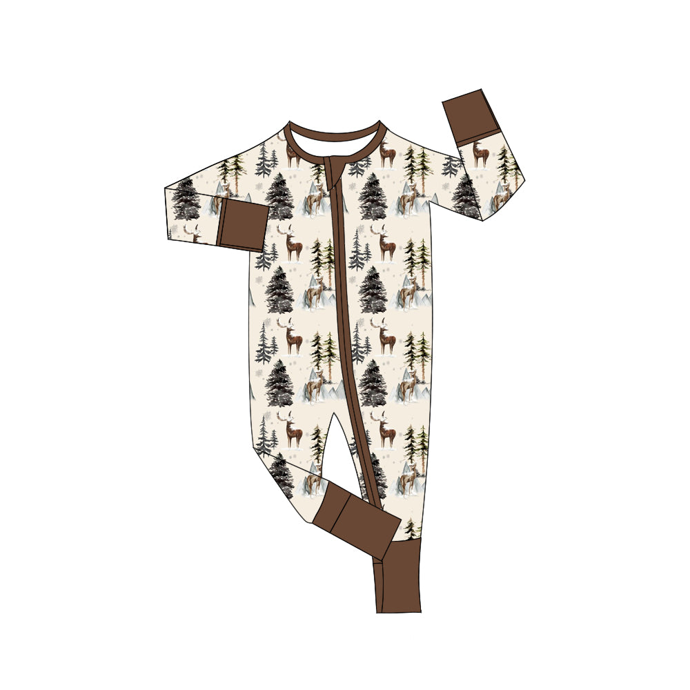 (Pre-order)LR1180 Deer Tree Print Baby Boys Fall Sleeper Zipper Romper