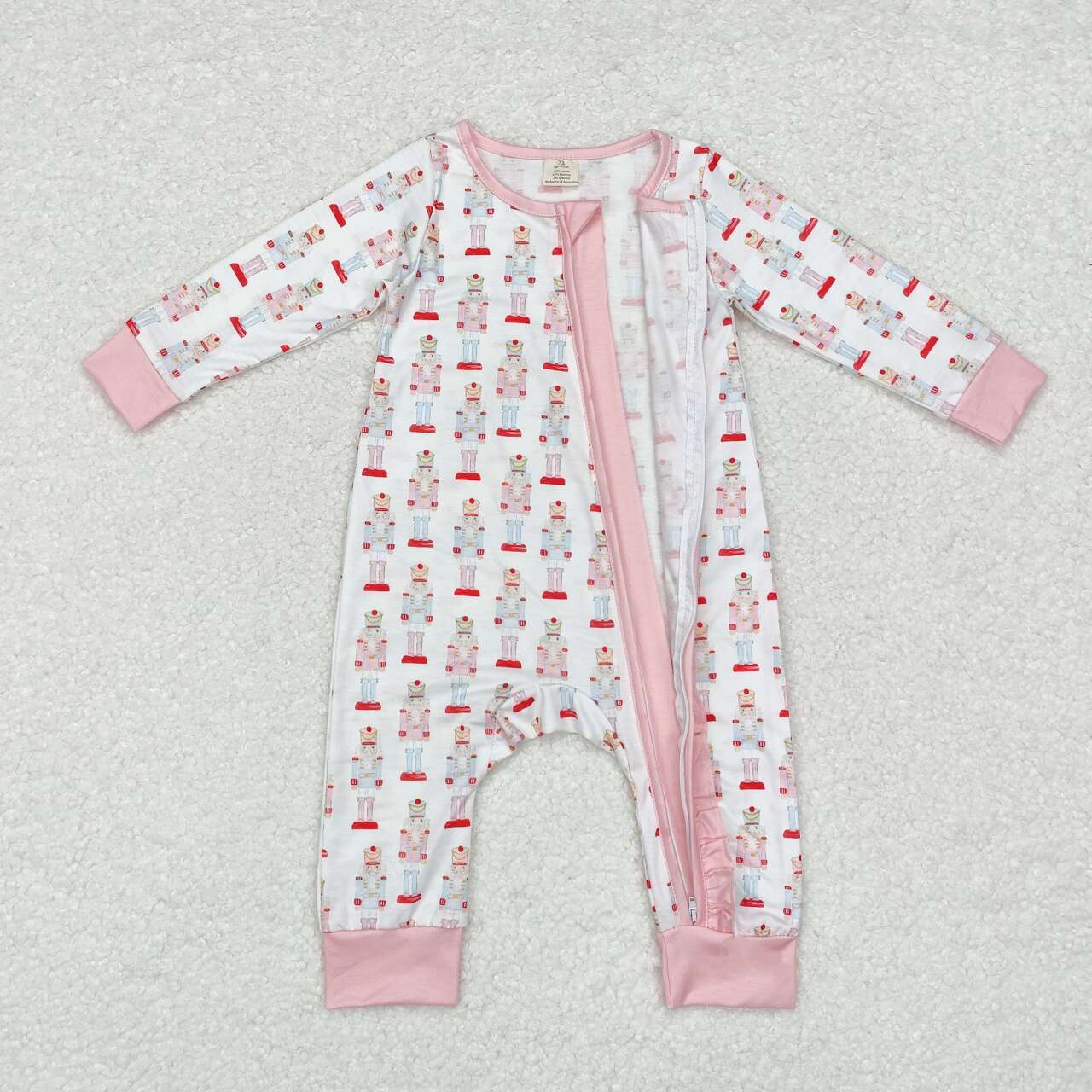 LR1185 Nutcracker Soldier Pink Print Baby Girls Christmas Bamboo Zipper Sleeper Romper