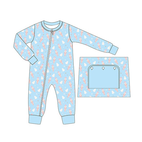 (Pre-order)LR1186 Cartoon Nutcracker Soldier Blue Print Baby Boys Christmas Sleeper Zipper Romper