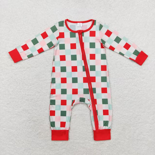 LR1197 Red Green Pink Plaid Print Baby Girls Christmas Bamboo Sleeper Zipper Romper