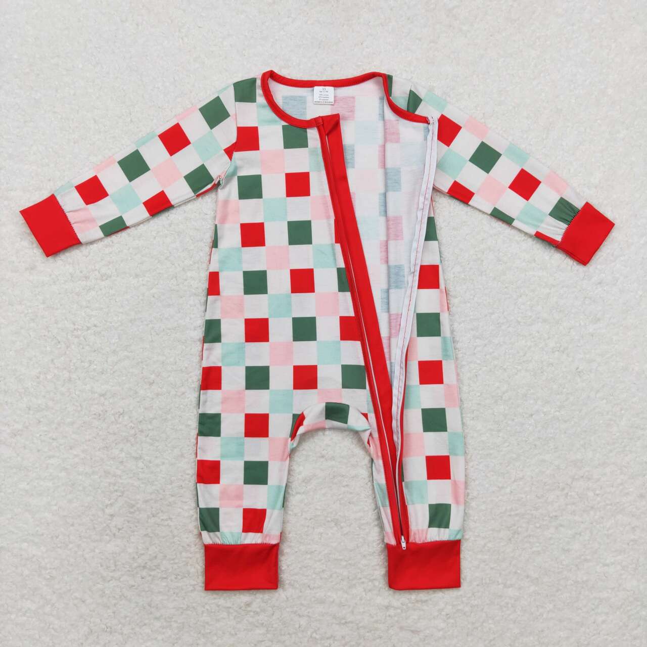 LR1197 Red Green Pink Plaid Print Baby Girls Christmas Bamboo Sleeper Zipper Romper