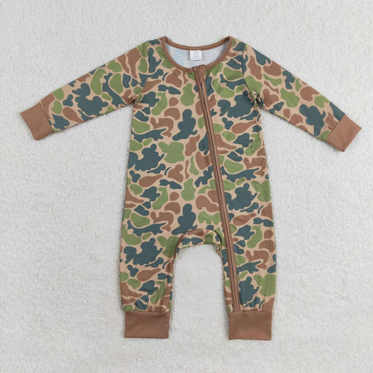 LR1203 Green Brown Camo Print Baby Boys Fall Bamboo Sleeper Zipper Romper