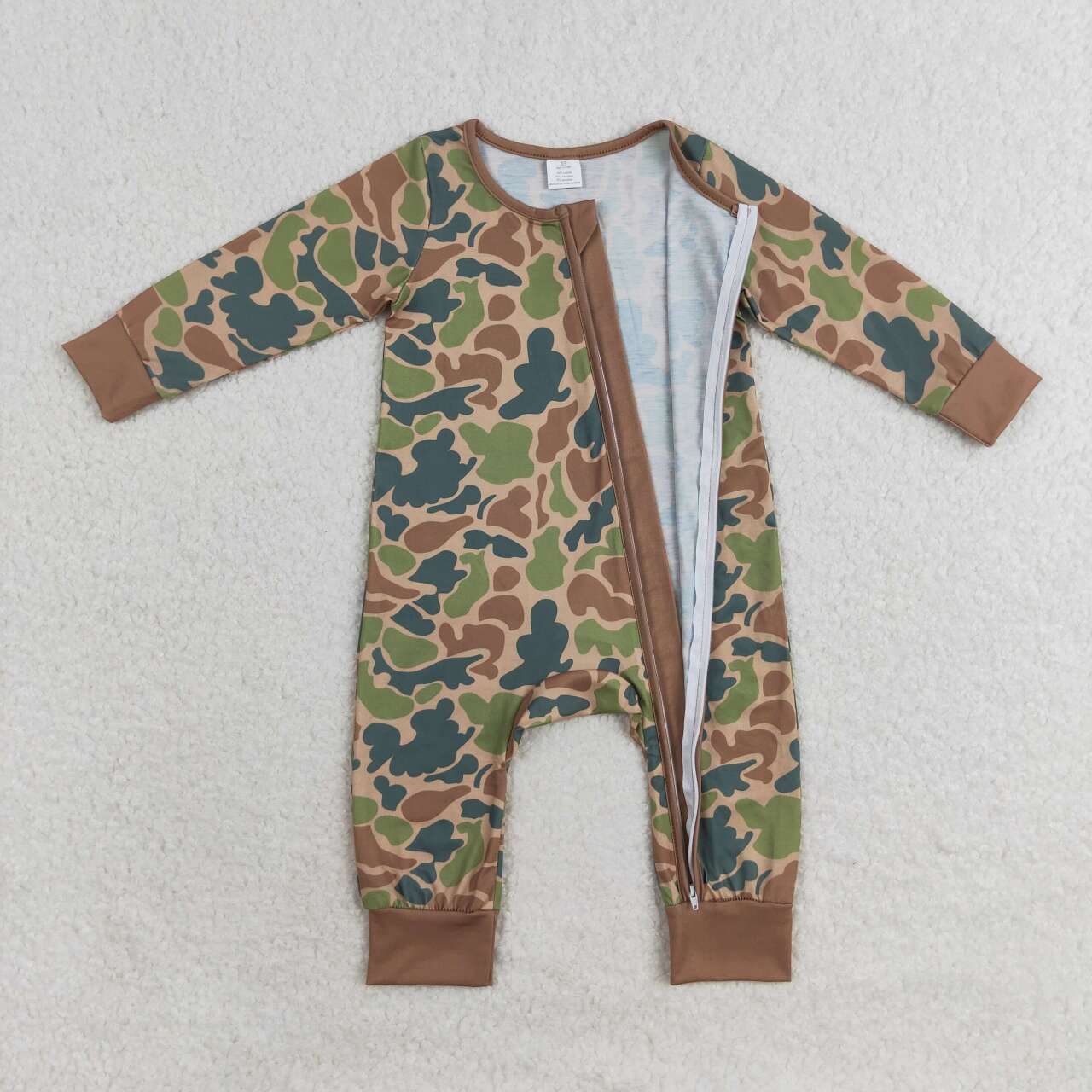 LR1203 Green Brown Camo Print Baby Boys Fall Bamboo Sleeper Zipper Romper