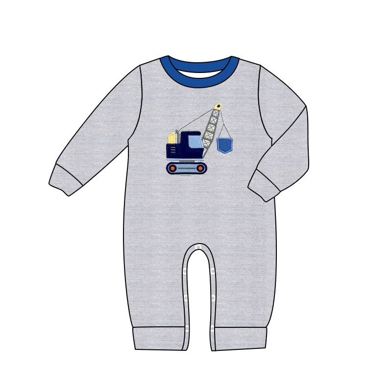 (Pre-order)LR1211 Truck Crane Grey Print Baby Boys Fall Romper