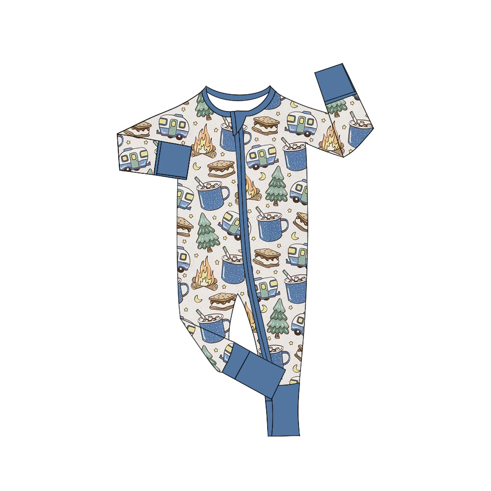 (Pre-order)LR1212 Camper Blue Print Baby Boys Fall Sleeper Zipper Romper