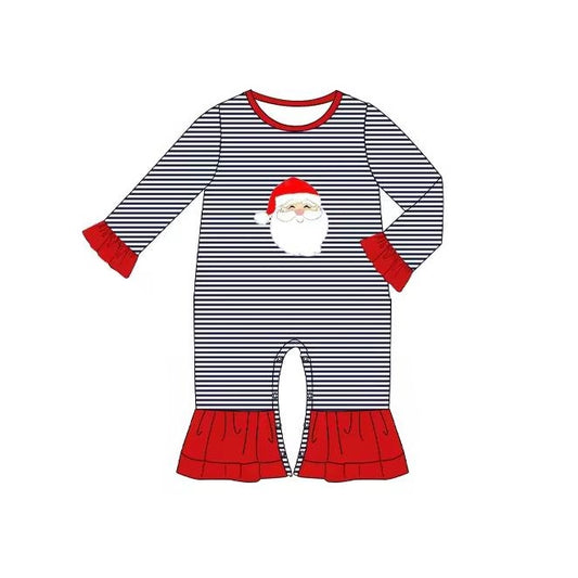 (Pre-order)LR1215 Santa Stripes Print Baby Girls Christmas Romper