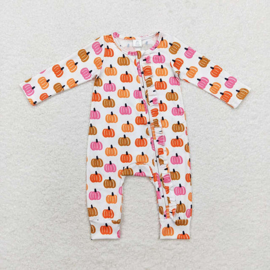 LR1219 Pink Pumpkin Print Baby Girls Fall Bamboo Sleeper Zipper Romper