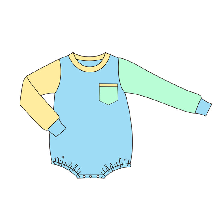 (Pre-order)LR1231 Blue Yellow Green Colors Pocket Baby Boys Fall Romper