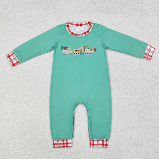 LR1235 Construction Trucks Trees Lights Embroidery Baby Boys Christmas Romper