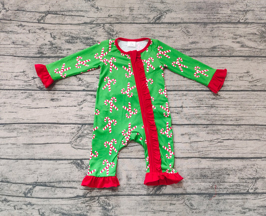 (Pre-order)LR1236 Candy Cane Green Print Baby Girls Christmas Sleeper Zipper Romper