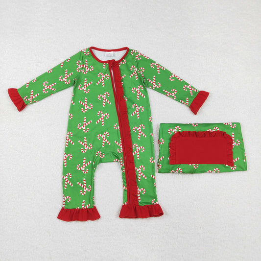 LR1236 Candy Cane Green Print Baby Girls Christmas Sleeper Zipper Romper