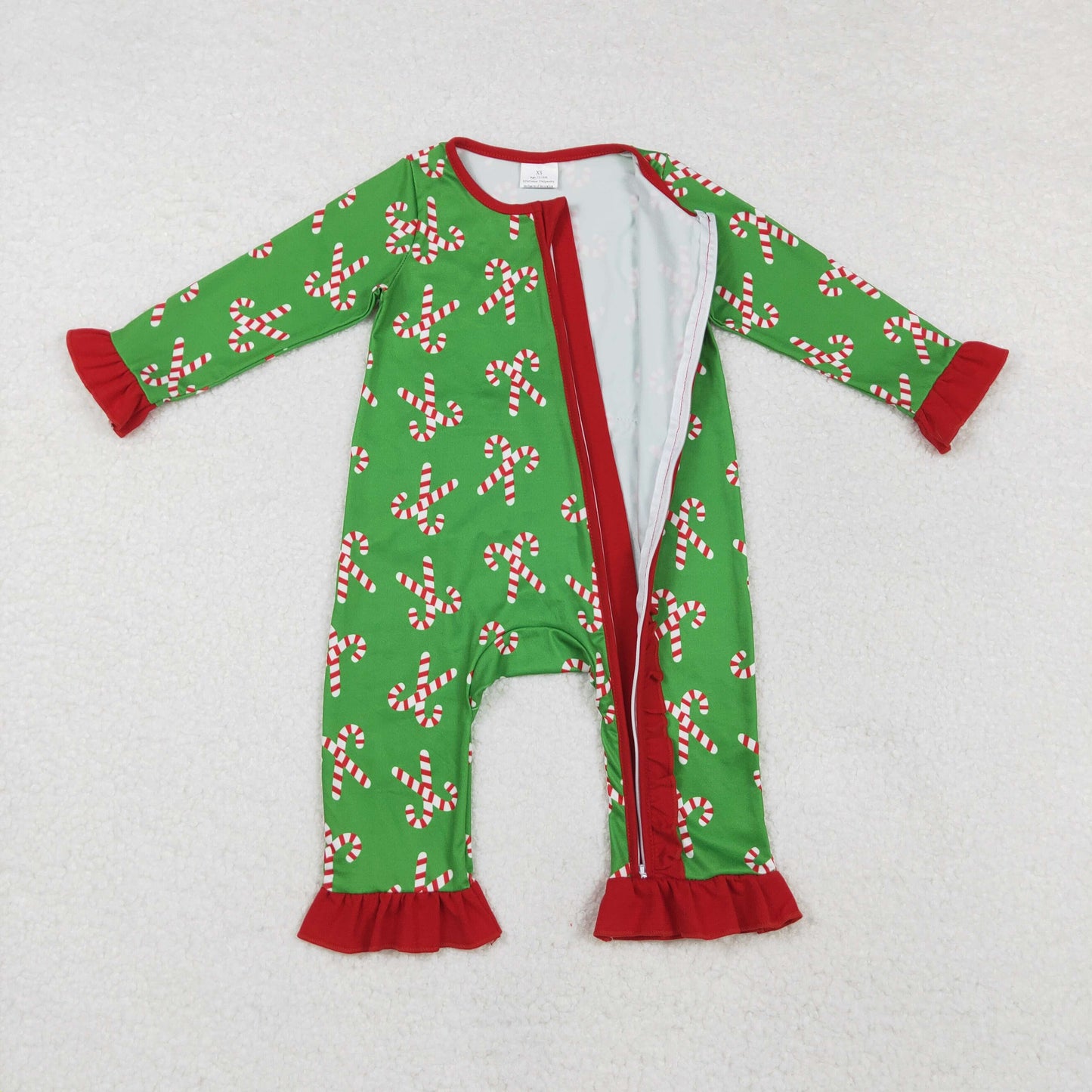 LR1236 Candy Cane Green Print Baby Girls Christmas Sleeper Zipper Romper