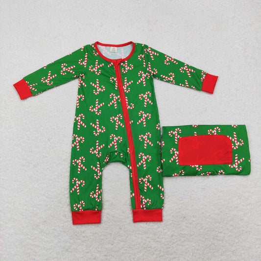 LR1237 Candy Cane Green Print Baby Boys Christmas Bamboo Sleeper Zipper Romper