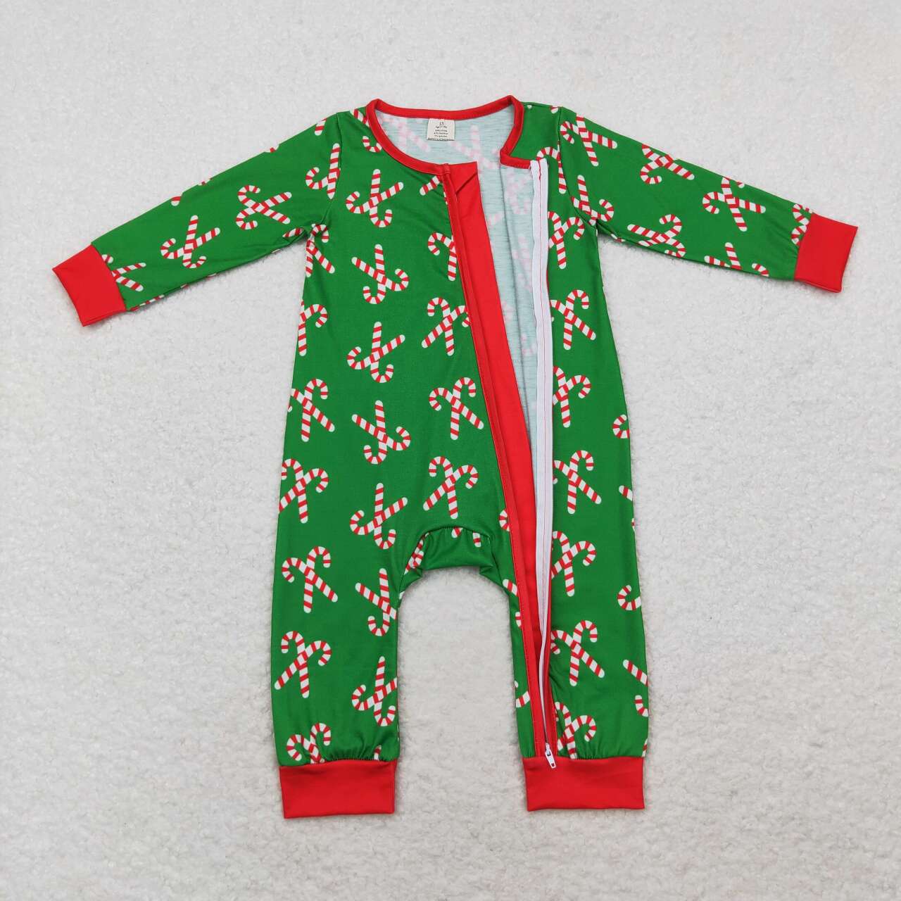 LR1237 Candy Cane Green Print Baby Boys Christmas Bamboo Sleeper Zipper Romper