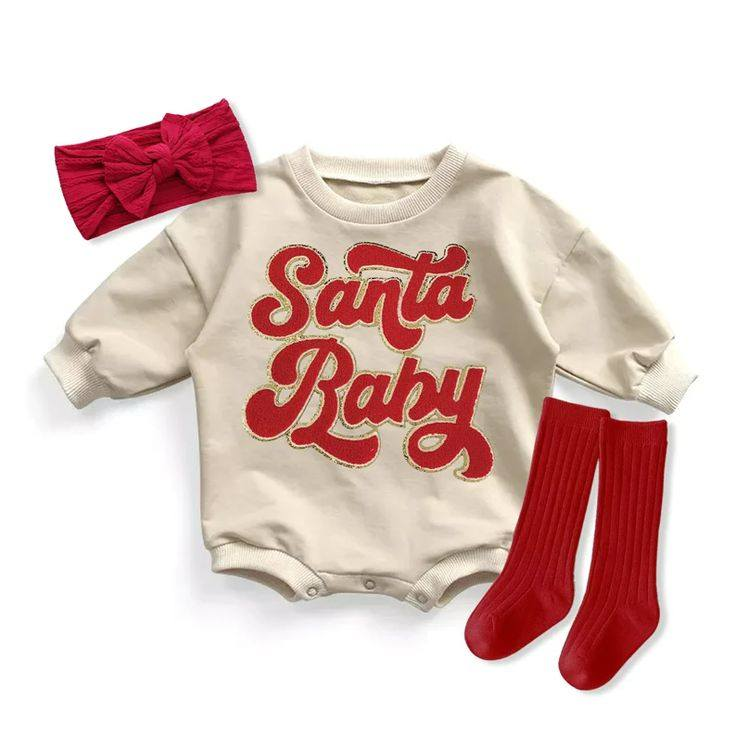 (Pre-order)LR1241 Santa Baby Print Baby Girls Christmas Romper