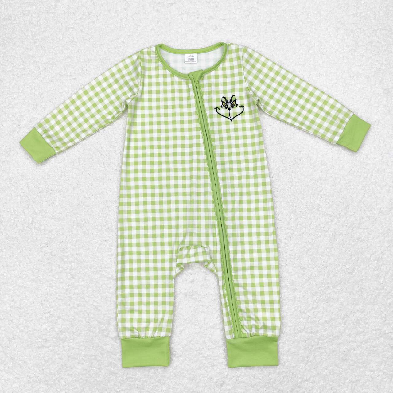 LR1251 Frog Face Green Plaid Print Baby Boys Christmas Bamboo Sleeper Zipper Romper