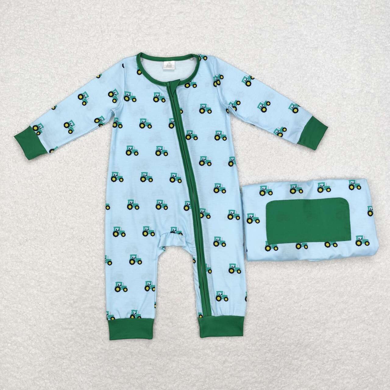 LR1253 Tractors Blue Print Baby Boys Fall Bamboo Sleeper Zipper Romper