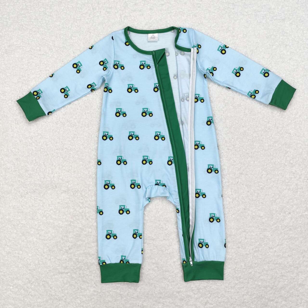 LR1253 Tractors Blue Print Baby Boys Fall Bamboo Sleeper Zipper Romper