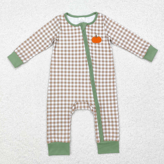 LR1254 Pumpkin Embroidery Plaid Print Baby Boys Fall Sleeper Zipper Romper