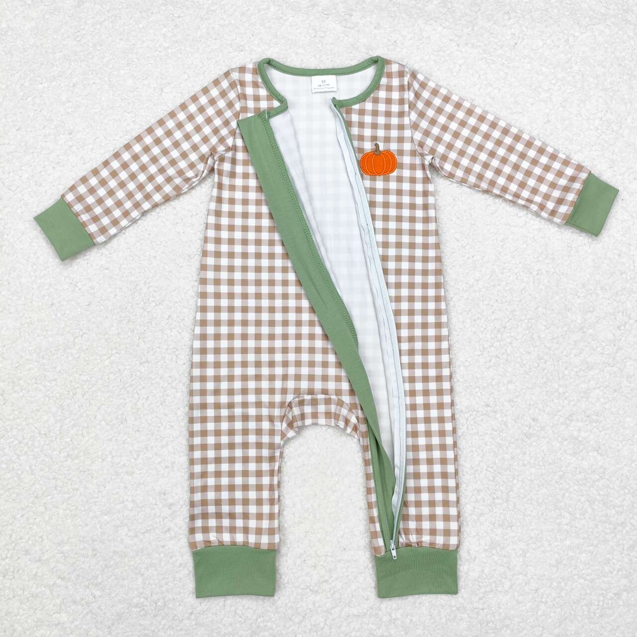 LR1254 Pumpkin Embroidery Plaid Print Baby Boys Fall Sleeper Zipper Romper