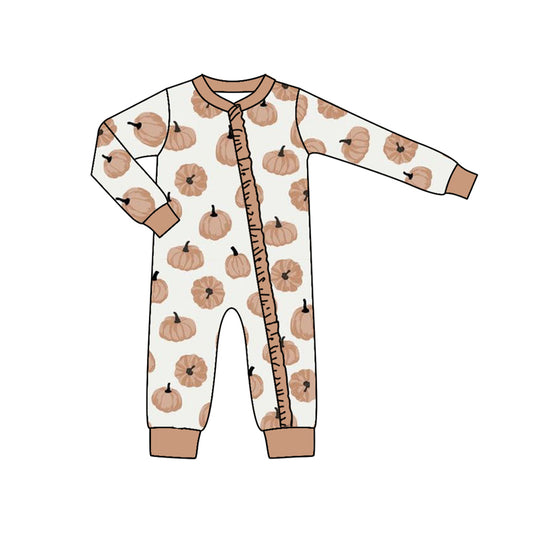 (Pre-order)LR1255 Pumpkin Print Baby Girls Fall Sleeper Zipper Romper