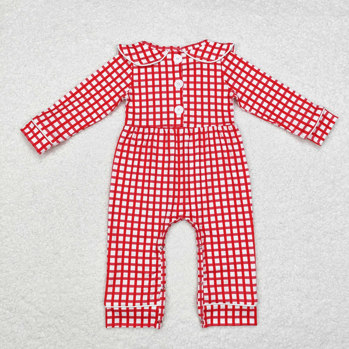 LR1263 Santa Embroidery Plaid Print Baby Girls Christmas Romper