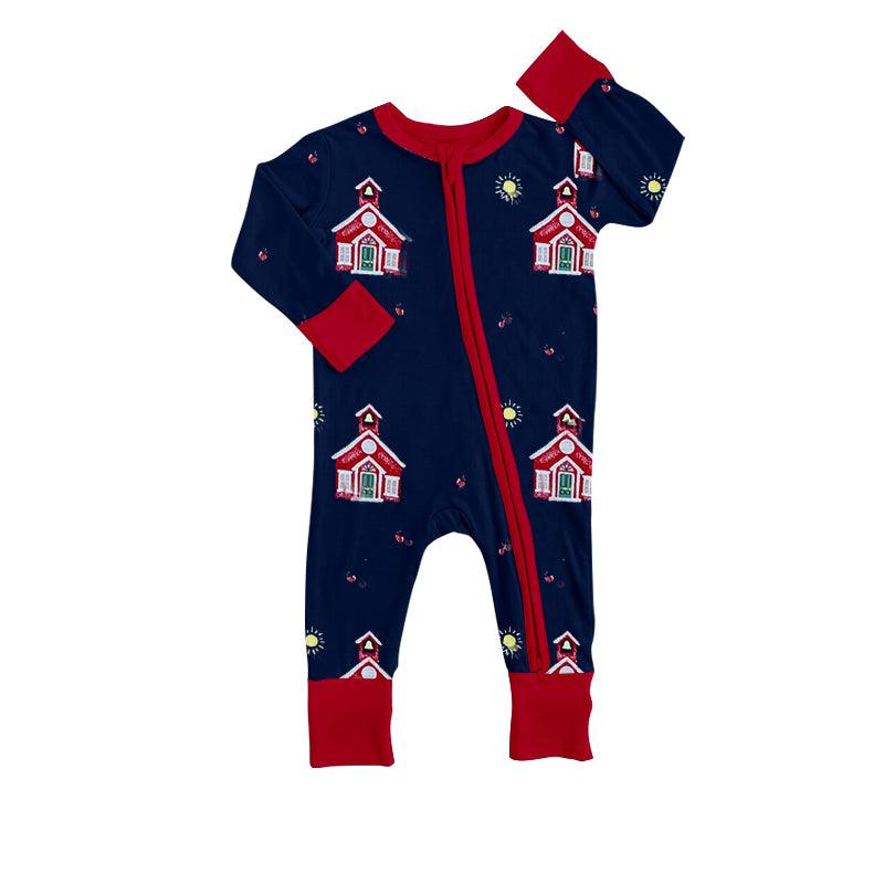 (Pre-order)LR1273 House Navy Print Baby Girls Christmas Sleeper Zipper Romper