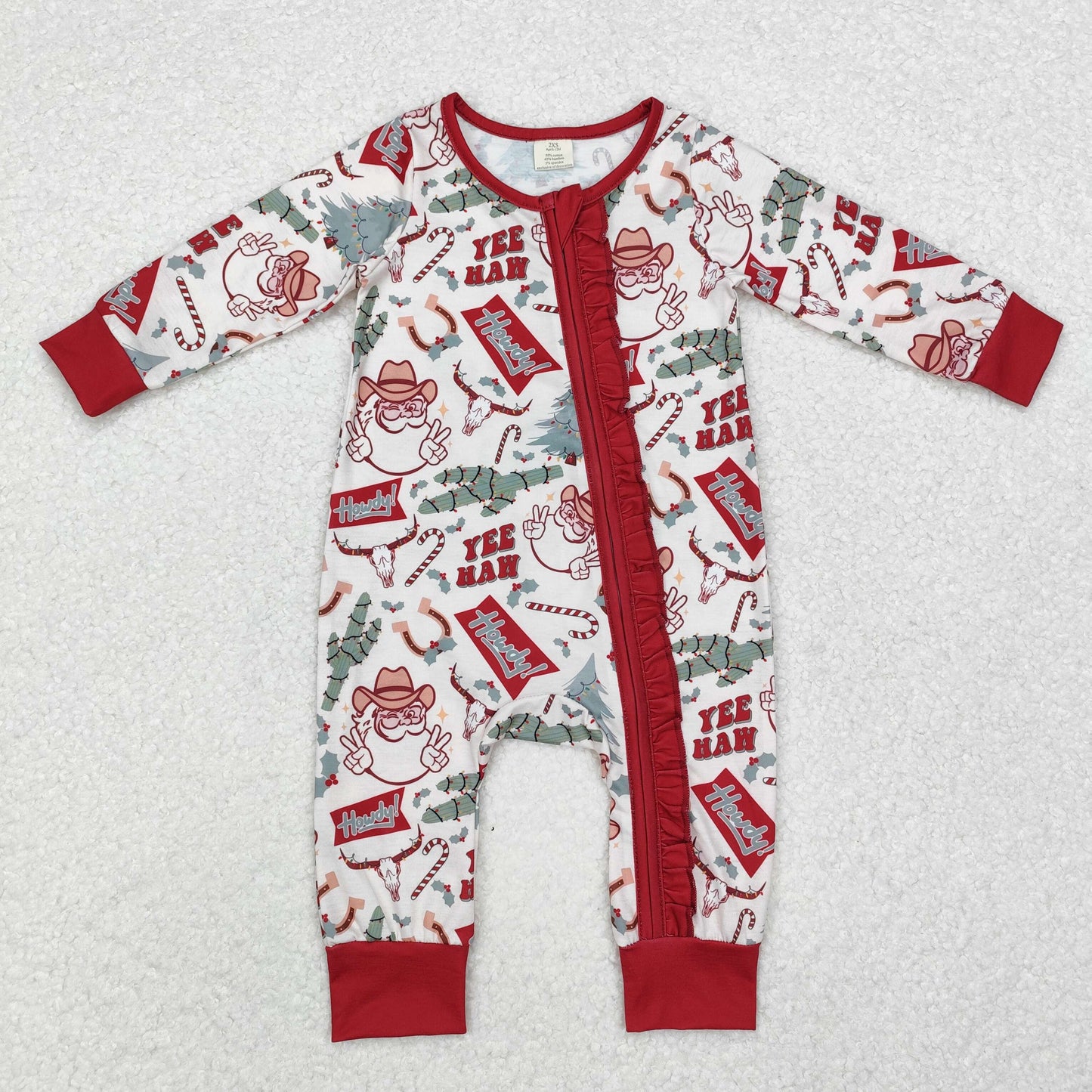 LR1277 Howdy Santa Print Baby Girls Christmas Bamboo Sleeper Zipper Romper