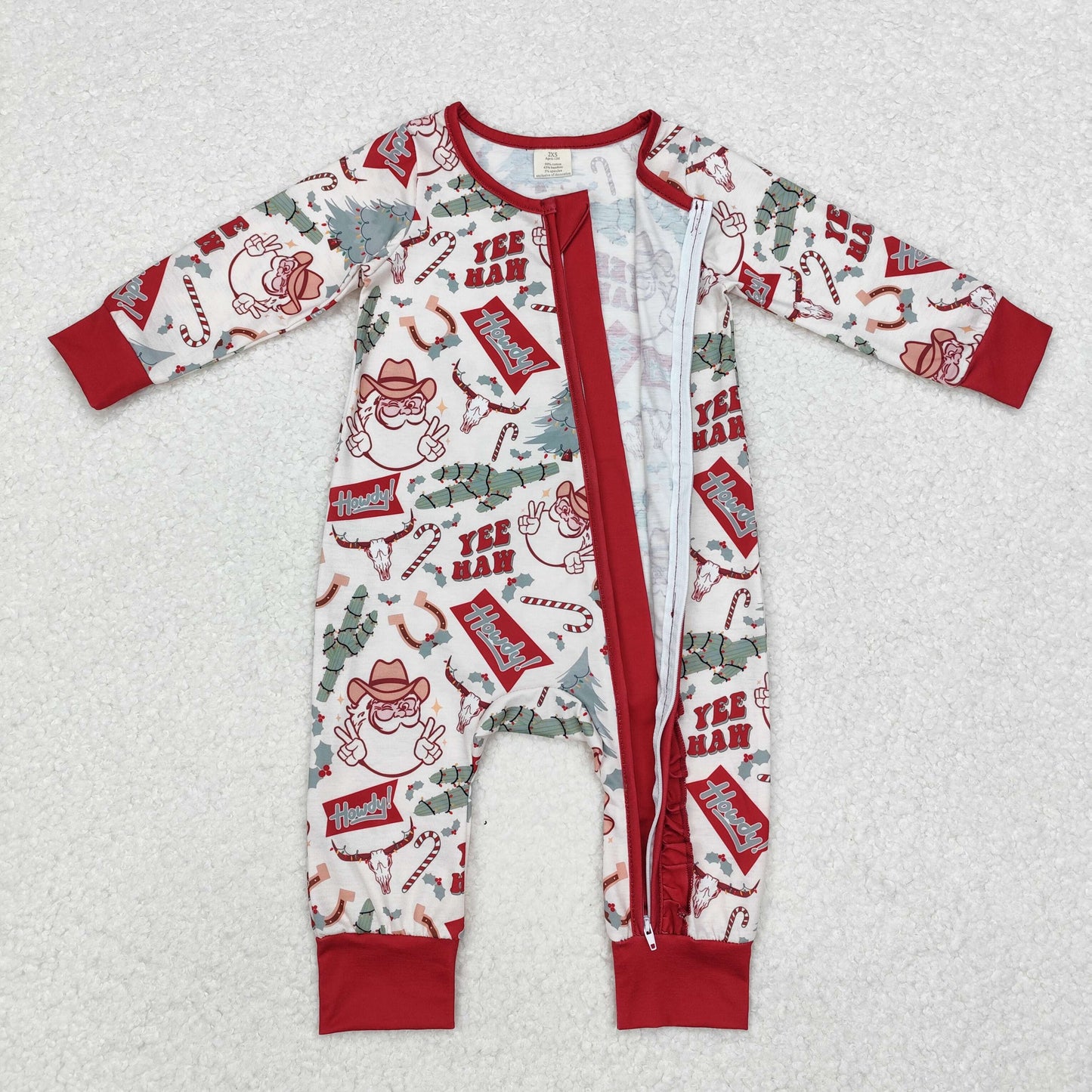 LR1277 Howdy Santa Print Baby Girls Christmas Bamboo Sleeper Zipper Romper