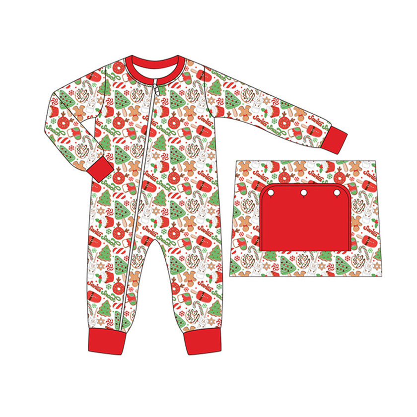 (Pre-order)LR1291 Dessert Cake Santa Print Baby Boys Christmas Sleeper Zipper Romper