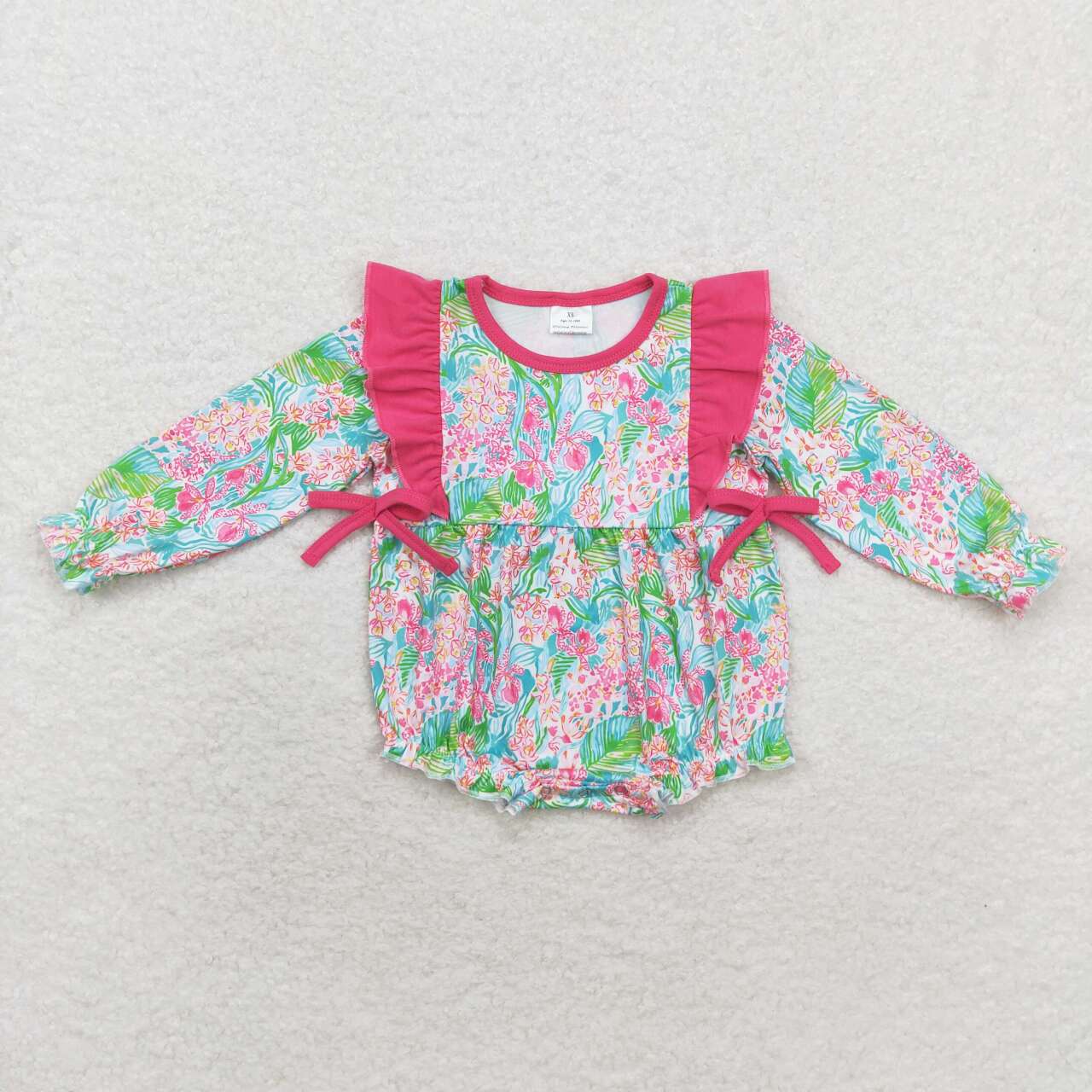 LR1295 Hotpink Flowers Print Baby Girls Fall Romper