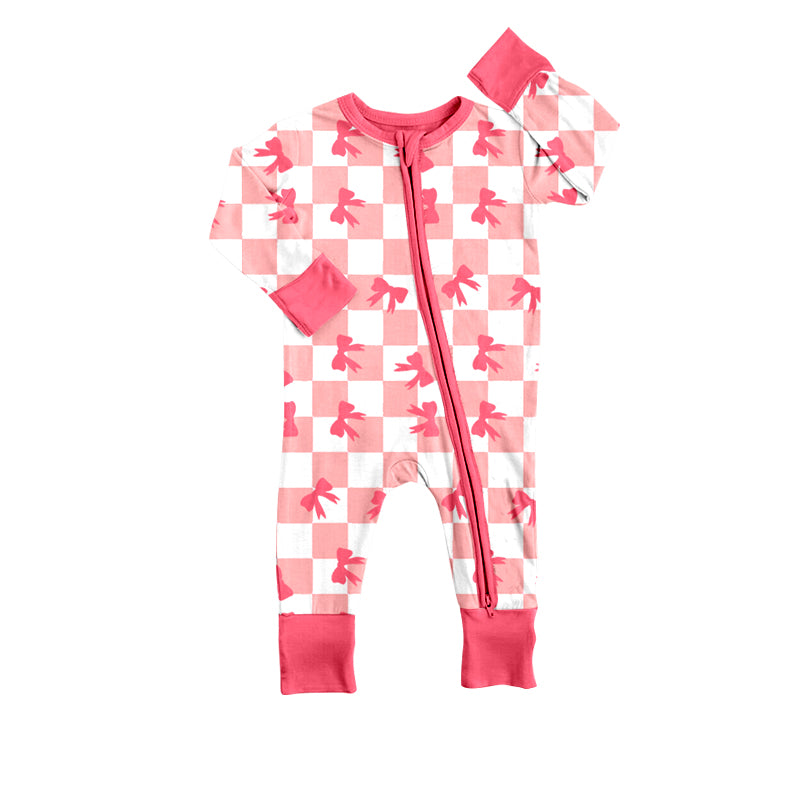 (Pre-order)LR1298 Bows Pink Plaid Print Baby Girls Fall Sleeper Zipper Romper