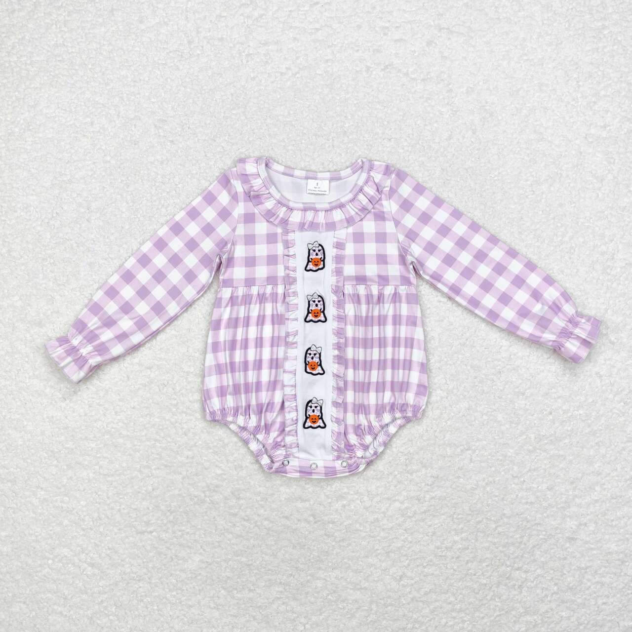 LR1299 Ghost Pumpkin Embroidery Purple Plaid Print Baby Girls Halloween Romper