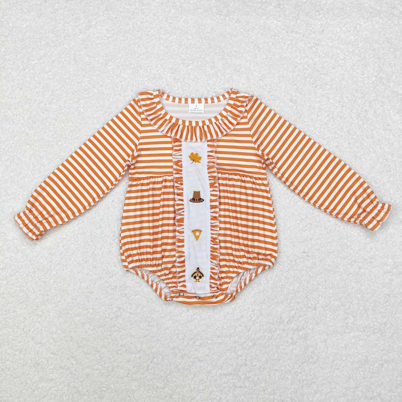 LR1300 Turkey Pie Embroidery Stripes Print Baby Girls Thanksgiving Romper