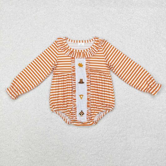 LR1300 Turkey Pie Embroidery Stripes Print Baby Girls Thanksgiving Romper