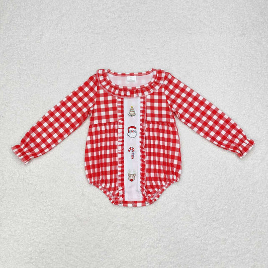 LR1302 Santa Candy Cane Embroidery Plaid Print Baby Girls Christmas Romper