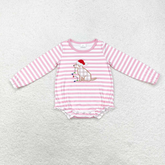 LR1306 Dog Embroidery Stripes Print Baby Girls Christmas Romper