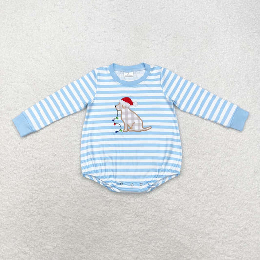 LR1307 Dog Embroidery Stripes Print Baby Boys Christmas Romper