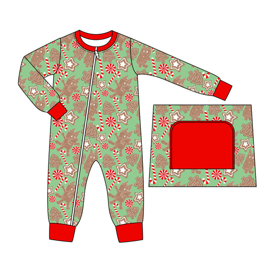 (Pre-order)LR1311 Cartoon Dog Candy Cane Print Baby Boys Christmas Sleeper Zipper Romper