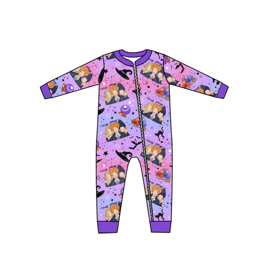 (Pre-order)LR1316 Witches Purple Print Baby Girls Halloween Sleeper Zipper Romper